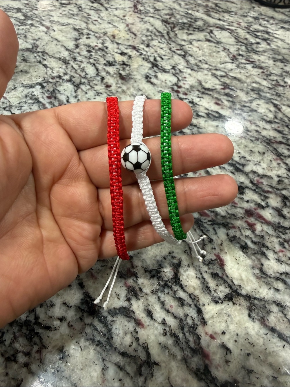 Adjustable Red White Green Braided Friendship Bracelet Set with Soccer Bead